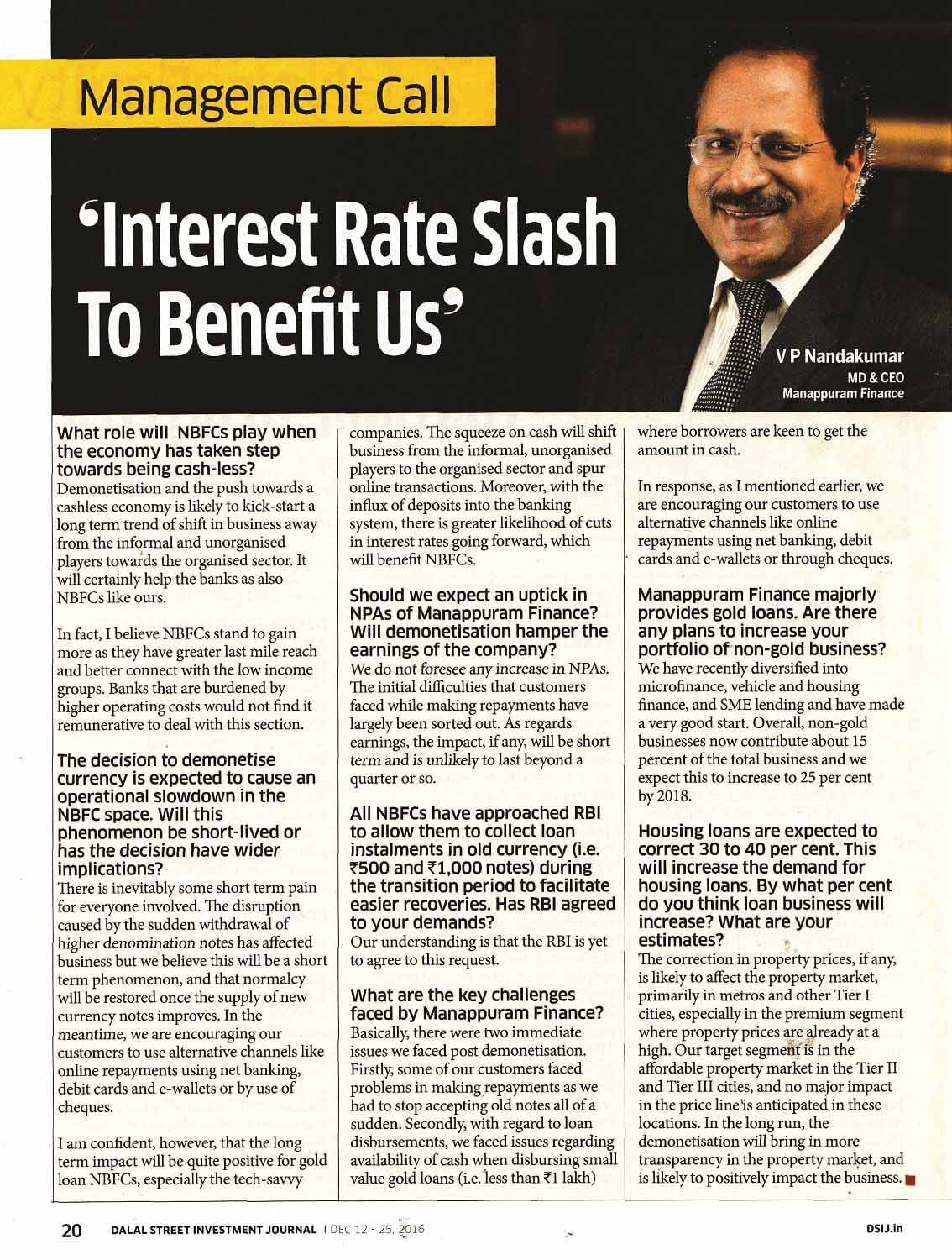 "Interest rate slash to benefit us" – Mr. V. P. Nandakumar, MD & CEO, Manappuram Finance Limited. image