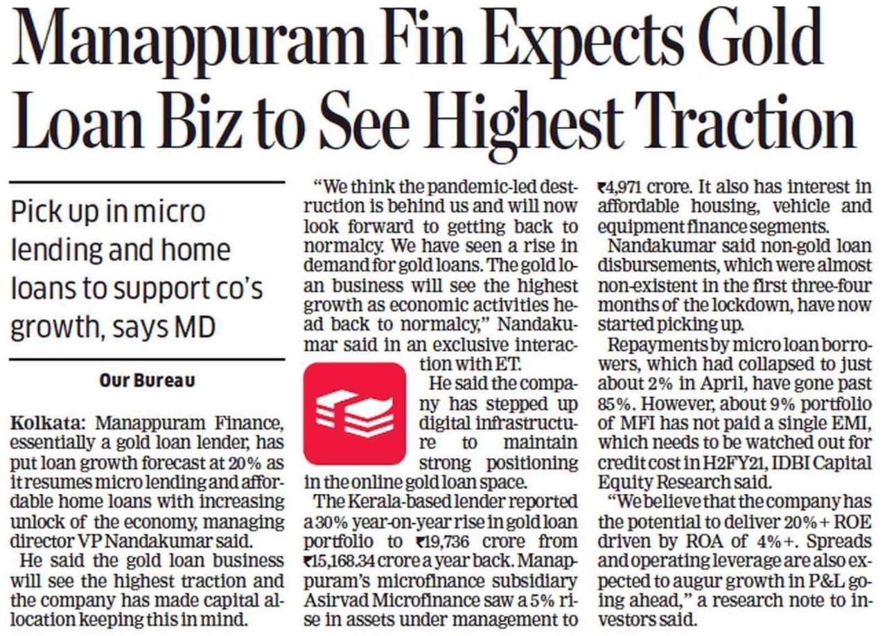 Manappuram Finance Expects Gold Loan Biz to See Highest Traction